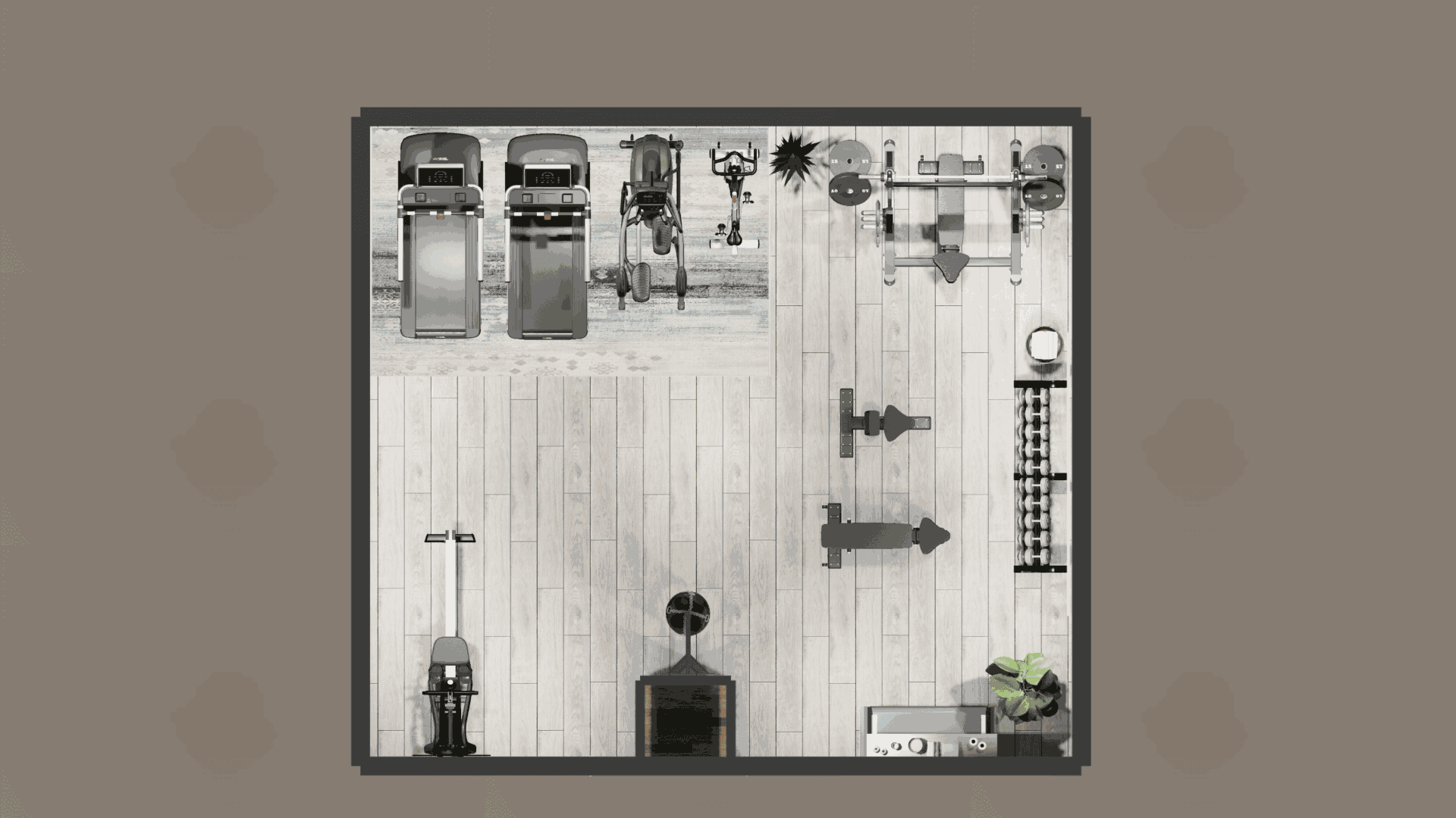 Top-down 3D gym design render showcasing a functional training area with a boxing bag, cardio machines, benches, weight plates, and dumbbells.