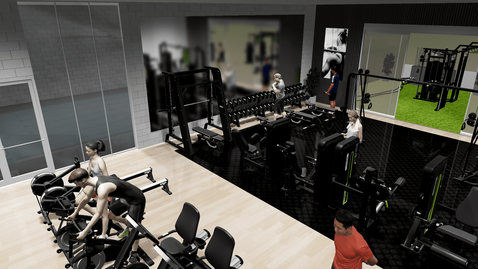 3D gym design render showing a weight training area with machines, benches, dumbbells, and black flooring, alongside a cardio section with rowers, spin bikes, recumbent bikes, and 3D render people.
