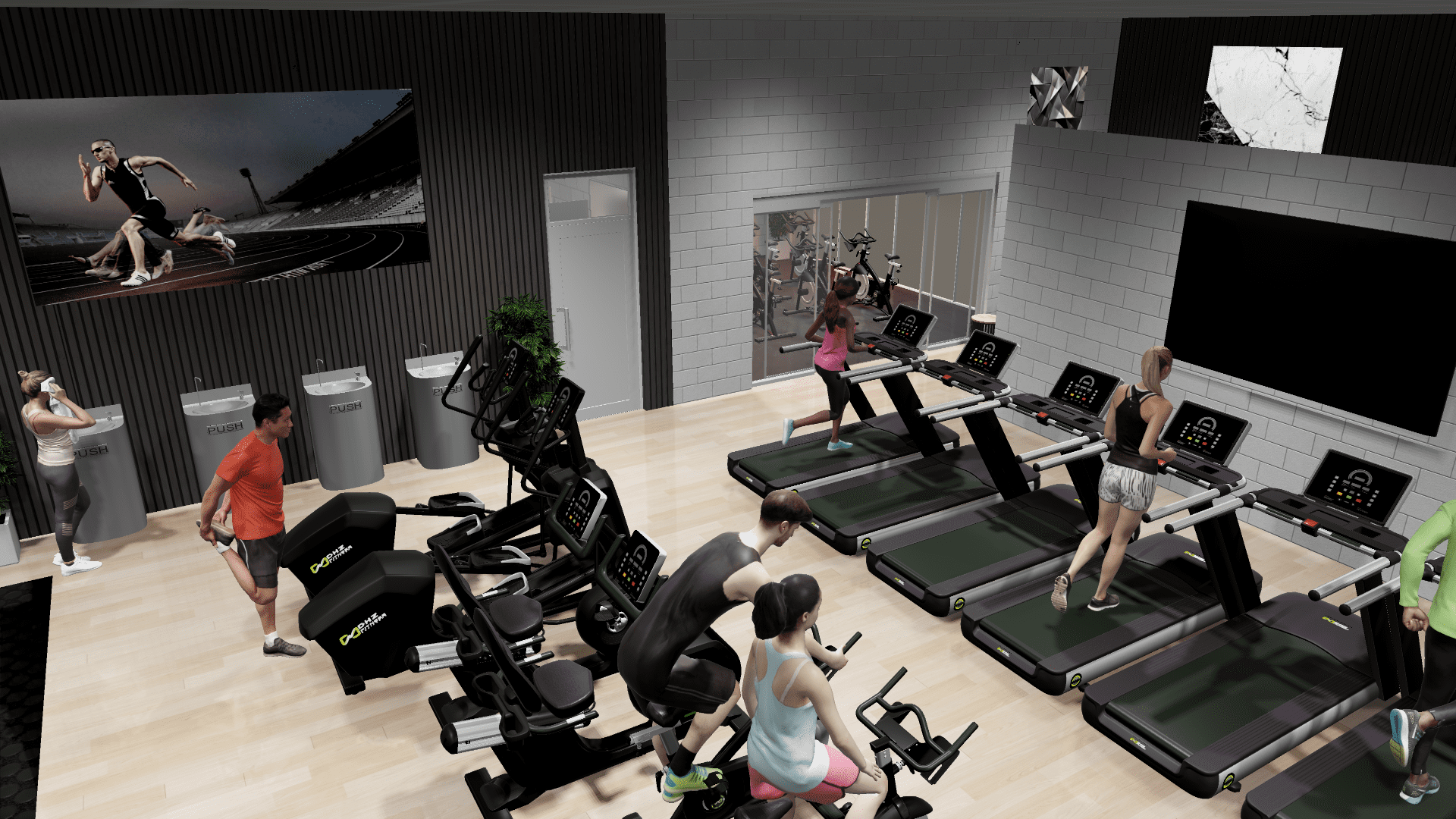3D gym design render showing cardio area with treadmills, recumbent bikes, ellipticals, and 3D render people.