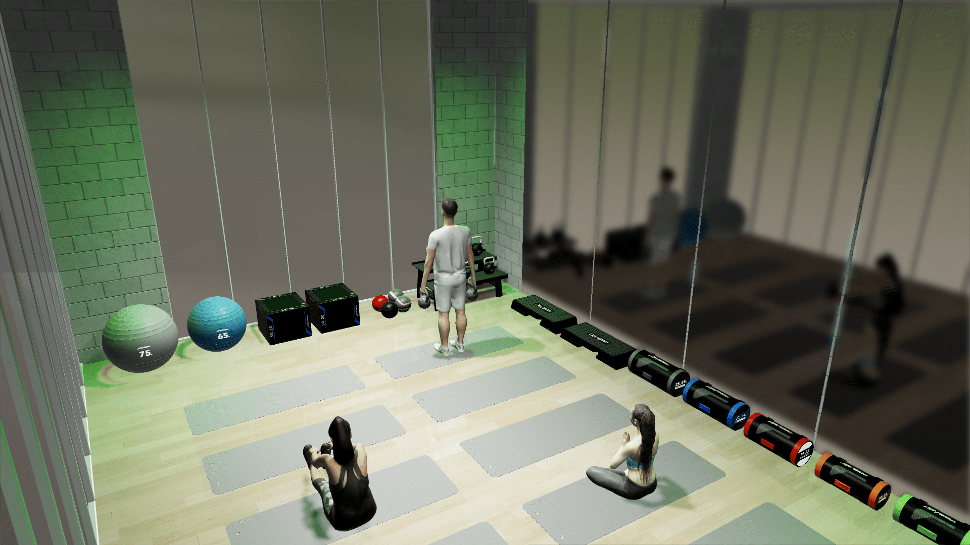 3D gym design render of a yoga and pilates room with exercise balls, aerobic steps, kettlebells, power bags, plyometric boxes, yoga mats, and 3D render people.