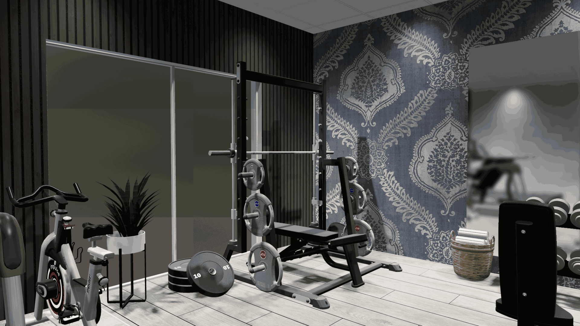 3D gym design render showcasing a functional training area with a smith machine, cardio bike, and weight plates.