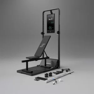 Speediance gym monster 2 displayed with all its attatchments on a grey faded background