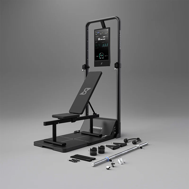 Speediance-gym-monster-2-work-plus Speediance gym monster 2 displayed with all its attatchments on a grey faded background